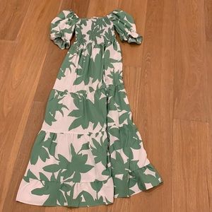 Aperol off the shoulder palm tree print midi dress